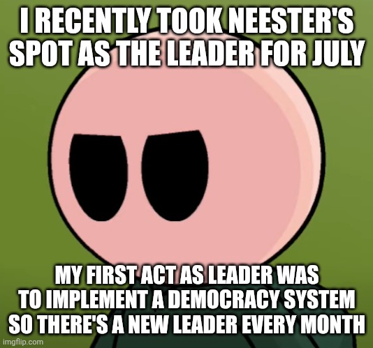 Phil Eggtree Angry | I RECENTLY TOOK NEESTER'S SPOT AS THE LEADER FOR JULY MY FIRST ACT AS LEADER WAS TO IMPLEMENT A DEMOCRACY SYSTEM SO THERE'S A NEW LEADER EVE | image tagged in phil eggtree angry | made w/ Imgflip meme maker