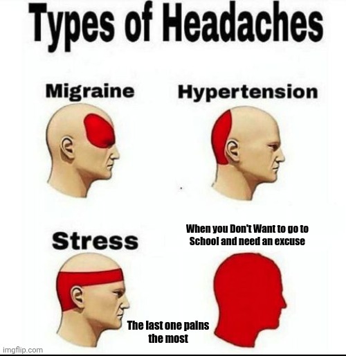 Types of Headaches meme | When you Don't Want to go to
School and need an excuse; The last one pains
the most | image tagged in types of headaches meme | made w/ Imgflip meme maker