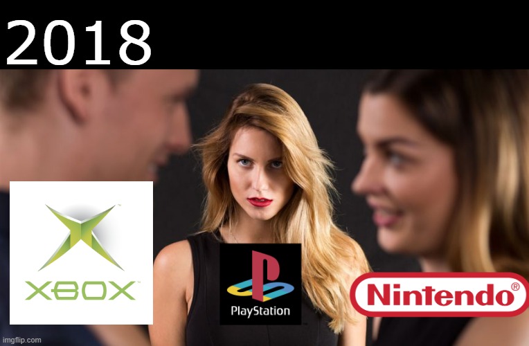 Crossplay in 2018(Survive together) | 2018 | image tagged in jealous girl watching him with another,crossplay,xbox,playstation,nintendo,2010s | made w/ Imgflip meme maker