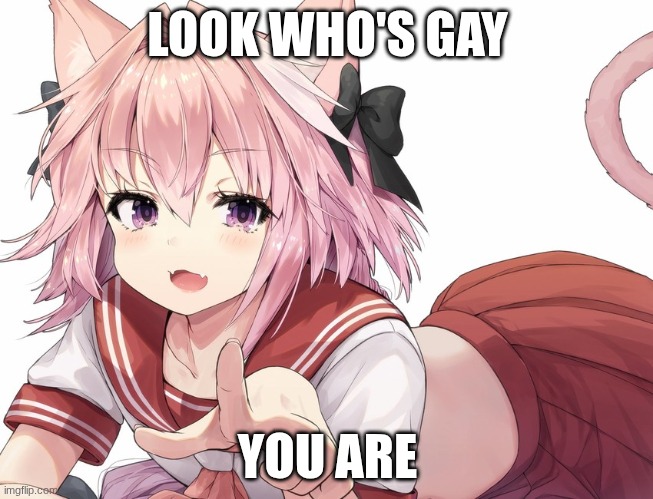 astolfo pointing | LOOK WHO'S GAY; YOU ARE | image tagged in astolfo pointing | made w/ Imgflip meme maker