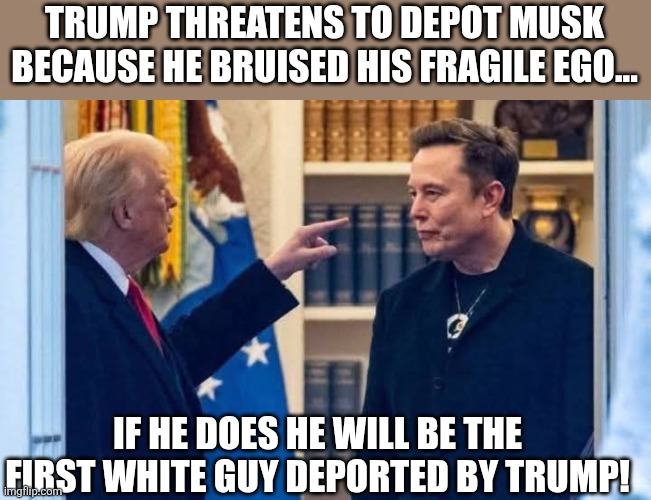 Alpha male cries again! | TRUMP THREATENS TO DEPOT MUSK BECAUSE HE BRUISED HIS FRAGILE EGO... IF HE DOES HE WILL BE THE FIRST WHITE GUY DEPORTED BY TRUMP! | image tagged in elon musk,donald trump,trump,maga,illegal immigration,conservative | made w/ Imgflip meme maker