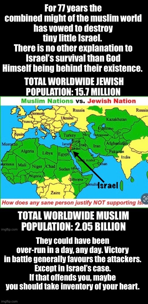 CanadaRising | For 77 years the combined might of the muslim world
has vowed to destroy tiny little Israel. 
There is no other explanation to Israel’s survival than God Himself being behind their existence. They could have been over-run in a day, any day. Victory in battle generally favours the attackers.
Except in Israel’s case.
If that offends you, maybe you should take inventory of your heart. | image tagged in politics | made w/ Imgflip meme maker