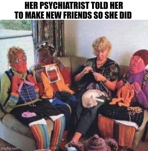 Her Psychiatrist Told Her To Make New Friends So She Did | HER PSYCHIATRIST TOLD HER TO MAKE NEW FRIENDS SO SHE DID | image tagged in chrisjoines1 | made w/ Imgflip meme maker