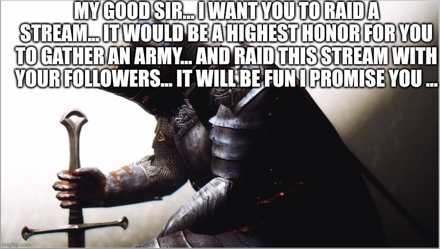 crusader kneeling | MY GOOD SIR... I WANT YOU TO RAID A STREAM... IT WOULD BE A HIGHEST HONOR FOR YOU TO GATHER AN ARMY... AND RAID THIS STREAM WITH YOUR FOLLOW | image tagged in crusader kneeling | made w/ Imgflip meme maker