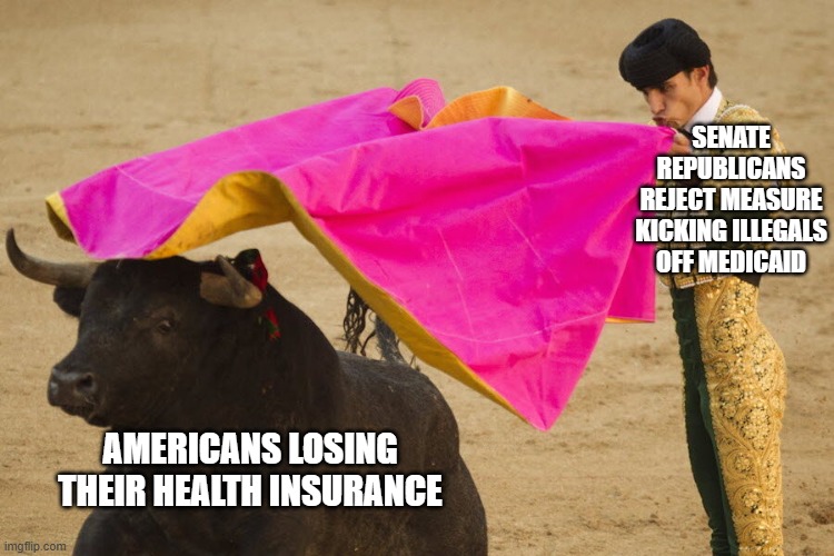 Worthless pieces of Crap | SENATE REPUBLICANS REJECT MEASURE KICKING ILLEGALS OFF MEDICAID; AMERICANS LOSING THEIR HEALTH INSURANCE | image tagged in matador,healthcare,senate,republicans,gop | made w/ Imgflip meme maker