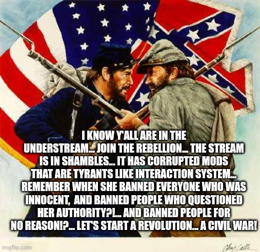Civil War Soldiers | I KNOW Y'ALL ARE IN THE UNDERSTREAM... JOIN THE REBELLION... THE STREAM IS IN SHAMBLES... IT HAS CORRUPTED MODS THAT ARE TYRANTS LIKE INTERA | image tagged in civil war soldiers | made w/ Imgflip meme maker