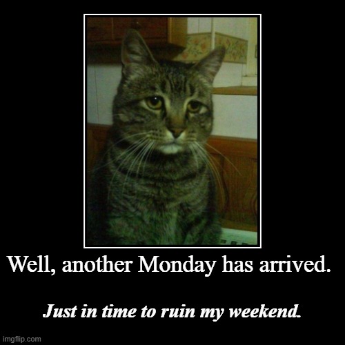 Well, another Monday has arrived. | Just in time to ruin my weekend. | image tagged in funny,demotivationals | made w/ Imgflip demotivational maker