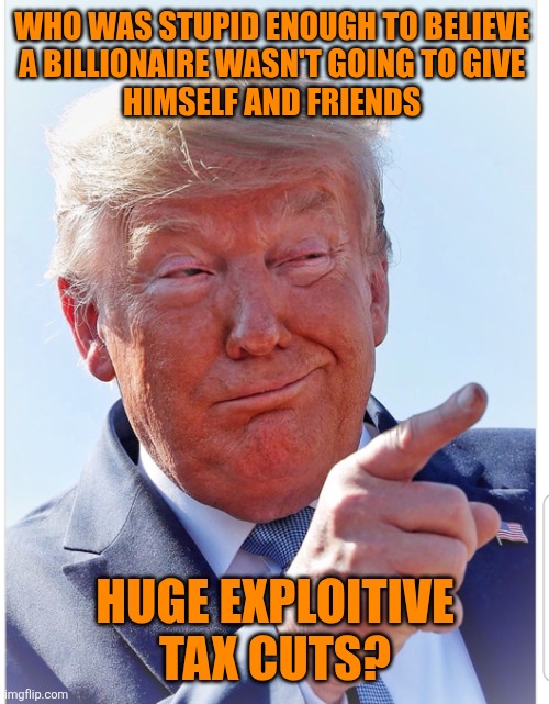 Trump pointing | WHO WAS STUPID ENOUGH TO BELIEVE 
A BILLIONAIRE WASN'T GOING TO GIVE 

HIMSELF AND FRIENDS HUGE EXPLOITIVE TAX CUTS? | image tagged in trump pointing | made w/ Imgflip meme maker