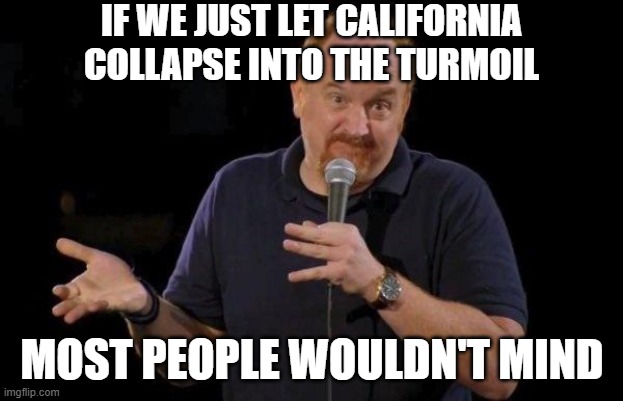 Louis ck but maybe | IF WE JUST LET CALIFORNIA COLLAPSE INTO THE TURMOIL MOST PEOPLE WOULDN'T MIND | image tagged in louis ck but maybe | made w/ Imgflip meme maker
