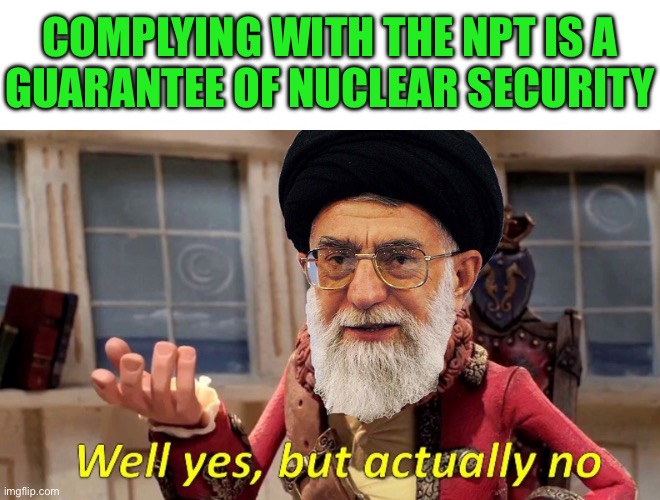 Complying With The NPT Is A Guarantee Of Nuclear Security | COMPLYING WITH THE NPT IS A
GUARANTEE OF NUCLEAR SECURITY | image tagged in well yes but actually no,nuclear,nuclear power,united nations,donald trump,iran | made w/ Imgflip meme maker
