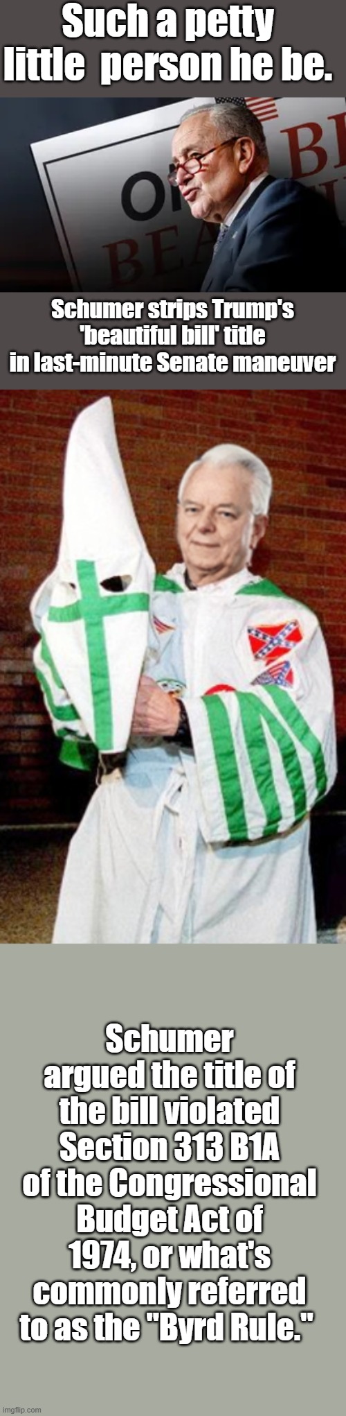 KKK Bird  "Byrd Rule." ONLY KKK enforcer in the US gov. A DEM | Such a petty little  person he be. Schumer strips Trump's 'beautiful bill' title in last-minute Senate maneuver; Schumer argued the title of the bill violated Section 313 B1A of the Congressional Budget Act of 1974, or what's commonly referred to as the "Byrd Rule." | made w/ Imgflip meme maker