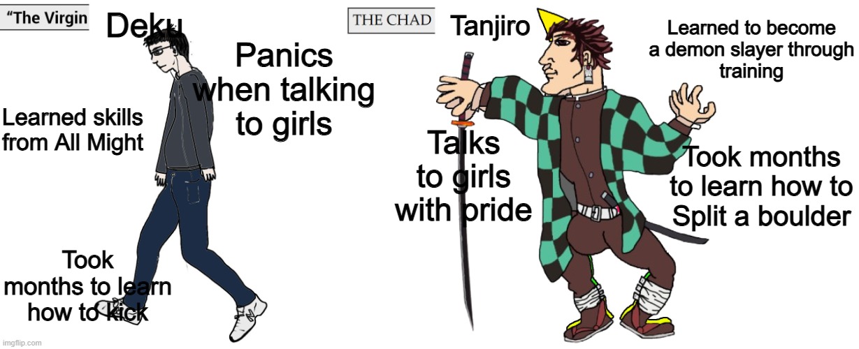 The Virgin Deku vs The Chad Tanjiro | Learned to become
a demon slayer through
training; Deku; Tanjiro; Panics when talking to girls; Learned skills from All Might; Talks to girls with pride; Took months to learn how to
Split a boulder; Took months to learn how to kick | image tagged in virgin and chad,memes,funny,anime memes,tanjiro,deku | made w/ Imgflip meme maker