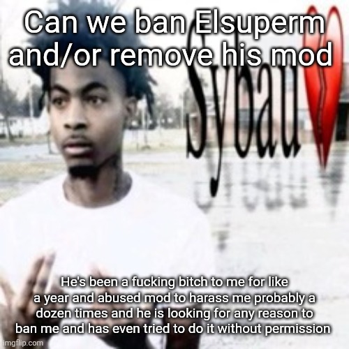 I don't care if it's ragebait I want this man DEAD | Can we ban Elsuperm and/or remove his mod; He's been a fucking bitch to me for like a year and abused mod to harass me probably a dozen times and he is looking for any reason to ban me and has even tried to do it without permission | image tagged in sybau | made w/ Imgflip meme maker