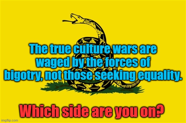 dont tread on me | The true culture wars are waged by the forces of bigotry, not those seeking equality. Which side are you on? | image tagged in dont tread on me | made w/ Imgflip meme maker