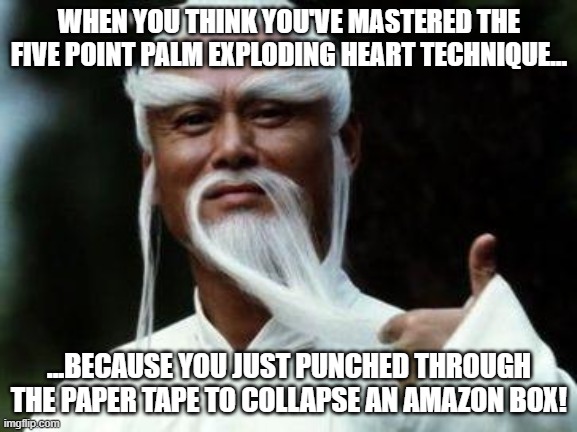 Five Point Palm Exploding Heart Technique Amazon box | WHEN YOU THINK YOU'VE MASTERED THE FIVE POINT PALM EXPLODING HEART TECHNIQUE... ...BECAUSE YOU JUST PUNCHED THROUGH THE PAPER TAPE TO COLLAPSE AN AMAZON BOX! | image tagged in pai mei | made w/ Imgflip meme maker