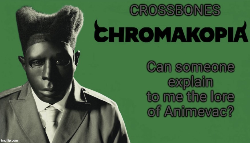 Crossbones chromakopia temp | Can someone explain to me the lore of Animevac? | image tagged in crossbones chromakopia temp | made w/ Imgflip meme maker