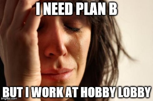 First World Problems | I NEED PLAN B BUT I WORK AT HOBBY LOBBY | image tagged in memes,first world problems | made w/ Imgflip meme maker