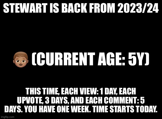 Let’s see if he can get past 100 years | STEWART IS BACK FROM 2023/24; 👦🏽 (CURRENT AGE: 5Y); THIS TIME, EACH VIEW: 1 DAY, EACH UPVOTE, 3 DAYS, AND EACH COMMENT: 5 DAYS. YOU HAVE ONE WEEK. TIME STARTS TODAY. | image tagged in blank black | made w/ Imgflip meme maker