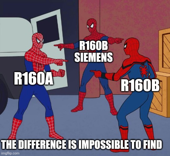 It's impossible to say the least. | R160B SIEMENS; R160A; R160B; THE DIFFERENCE IS IMPOSSIBLE TO FIND | image tagged in spider man triple | made w/ Imgflip meme maker