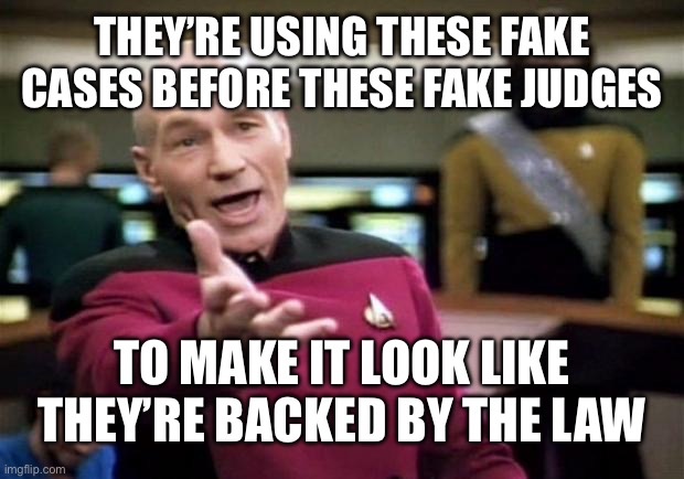 startrek | THEY’RE USING THESE FAKE CASES BEFORE THESE FAKE JUDGES TO MAKE IT LOOK LIKE THEY’RE BACKED BY THE LAW | image tagged in startrek | made w/ Imgflip meme maker