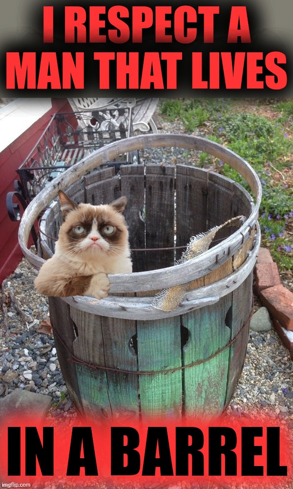 Grumpy Cat Barrel | I RESPECT A MAN THAT LIVES IN A BARREL | image tagged in grumpy cat barrel | made w/ Imgflip meme maker