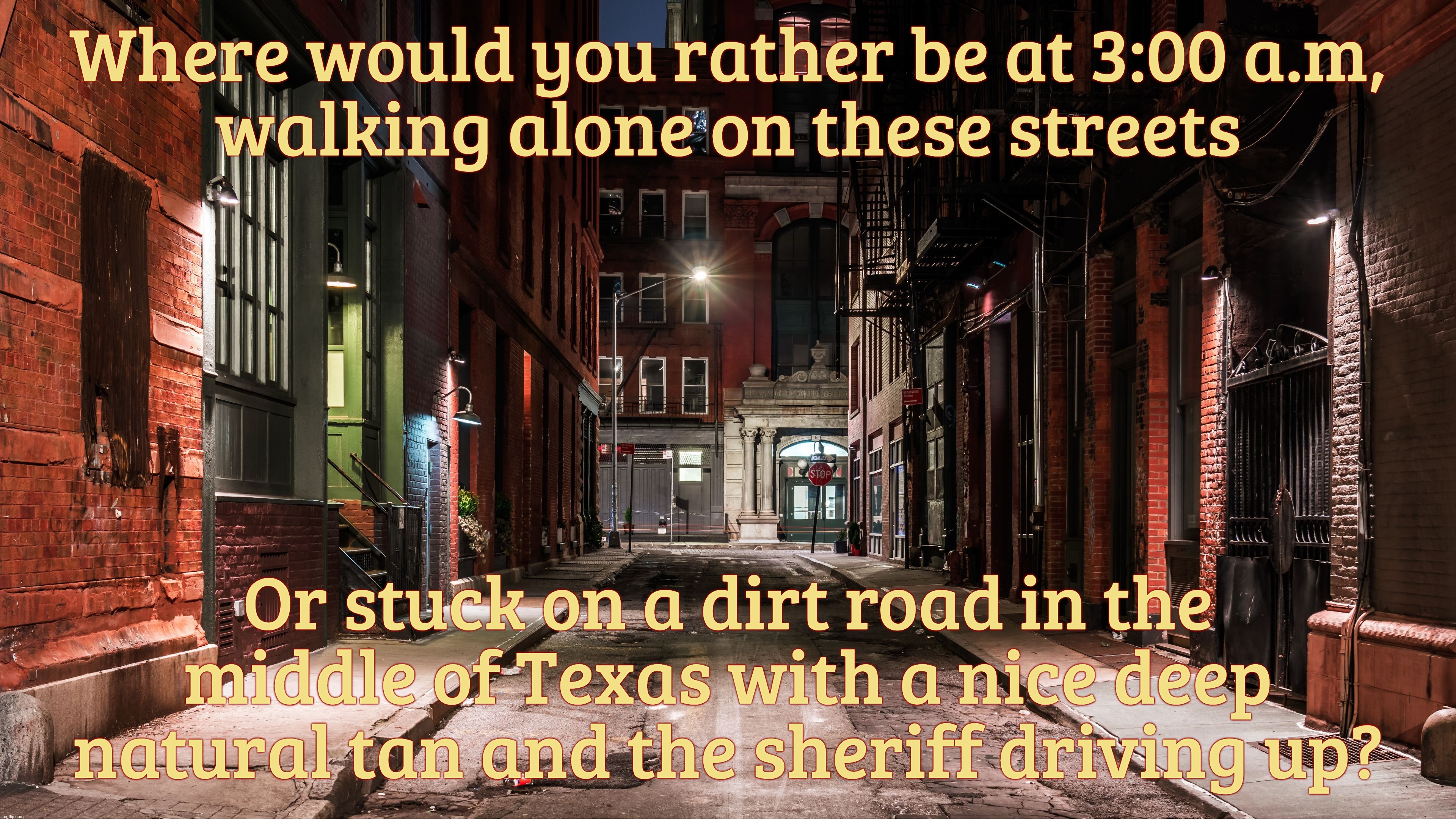 Crime in the concrete canyons vs rabid gun nutters with stinking badges out in tumbleweed land, which is worse? | Where would you rather be at 3:00 a.m,
walking alone on these streets Or stuck on a dirt road in the middle of Texas with a nice deep natura | image tagged in chinatown nyc,probably,or just nyc,alleyway during the zombie hours in new york,or sheriff on a texas dirt road,which is worse | made w/ Imgflip meme maker