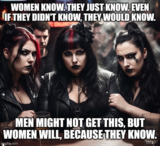 Women | WOMEN KNOW. THEY JUST KNOW. EVEN IF THEY DIDN'T KNOW, THEY WOULD KNOW. MEN MIGHT NOT GET THIS, BUT WOMEN WILL, BECAUSE THEY KNOW. | image tagged in men vs women | made w/ Imgflip meme maker