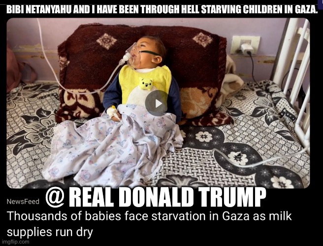 Genocide Don | BIBI NETANYAHU AND I HAVE BEEN THROUGH HELL STARVING CHILDREN IN GAZA. @ REAL DONALD TRUMP | image tagged in political meme | made w/ Imgflip meme maker