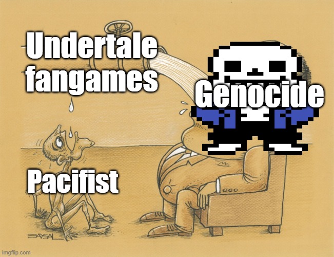 This is true! (Neutral route left the chat -MC941) | Undertale fangames; Genocide; Pacifist | image tagged in fat man drinking from thirsty man,sans of topic,undertale | made w/ Imgflip meme maker