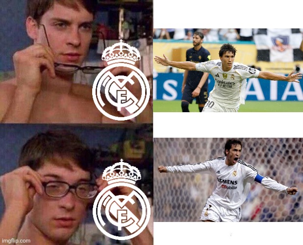 R. Madrid - Juve 1-0. Gonzalo is the new Raul Gonzalez. | image tagged in spiderman glasses,real madrid,juventus,gonzalo,raul,sports | made w/ Imgflip meme maker