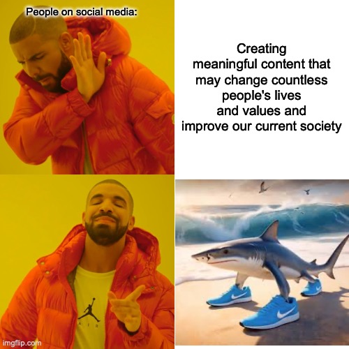 What has become of our world... | People on social media:; Creating meaningful content that may change countless people's lives and values and improve our current society | image tagged in memes,drake hotline bling,brainrot,dank memes | made w/ Imgflip meme maker