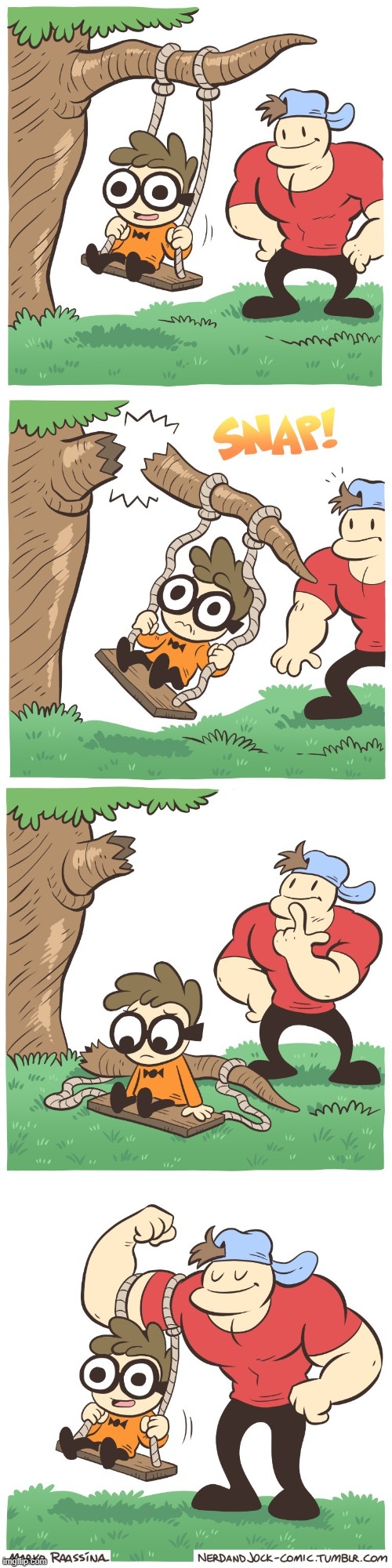 image tagged in nerd,jock,swing,snap,broken,arm | made w/ Imgflip meme maker