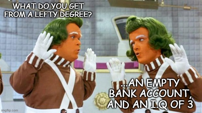 WHAT DO YOU GET FROM A LEFTY DEGREE? ...AN EMPTY BANK ACCOUNT, AND AN I.Q OF 3 | image tagged in oompa loompa | made w/ Imgflip meme maker