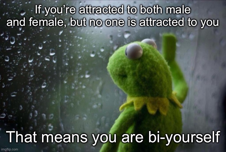 All by myself | If you’re attracted to both male and female, but no one is attracted to you; That means you are bi-yourself | image tagged in sad kermit,bisexual,male,female,forever alone | made w/ Imgflip meme maker