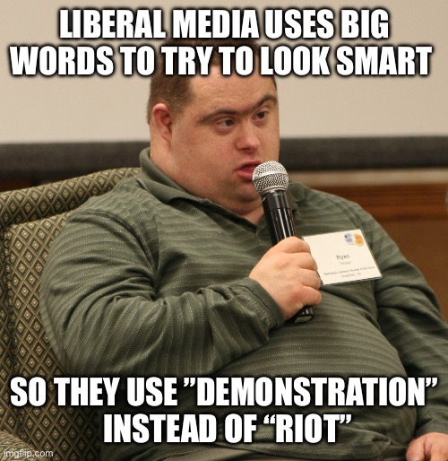 Liberal media syndrome | LIBERAL MEDIA USES BIG WORDS TO TRY TO LOOK SMART; SO THEY USE ”DEMONSTRATION”  INSTEAD OF “RIOT” | image tagged in down syndrome,riot,liberal media | made w/ Imgflip meme maker