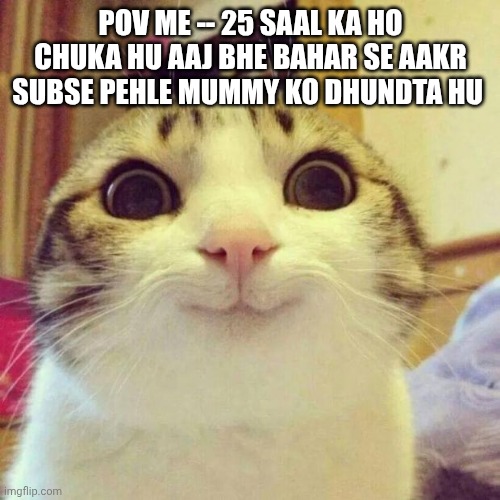 Smiling Cat Meme | POV ME -- 25 SAAL KA HO CHUKA HU AAJ BHE BAHAR SE AAKR SUBSE PEHLE MUMMY KO DHUNDTA HU | image tagged in memes,smiling cat | made w/ Imgflip meme maker
