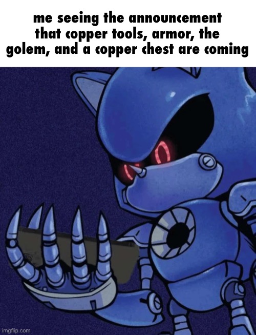 before the Netflix animated series is crazy (not hating) | me seeing the announcement that copper tools, armor, the golem, and a copper chest are coming | image tagged in metal sonic reaction,minecraft,copper | made w/ Imgflip meme maker