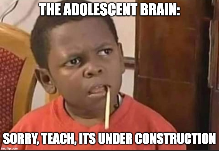 Confused indian kid | THE ADOLESCENT BRAIN:; SORRY, TEACH, ITS UNDER CONSTRUCTION | image tagged in confused indian kid | made w/ Imgflip meme maker