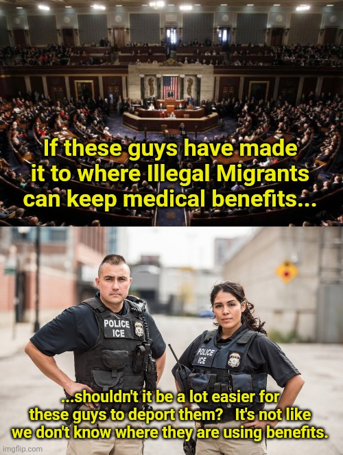 If these guys have made it to where Illegal Migrants can keep medical benefits... ...shouldn't it be a lot easier for these guys to deport them?   It's not like we don't know where they are using benefits. | image tagged in congress,ice agents | made w/ Imgflip meme maker