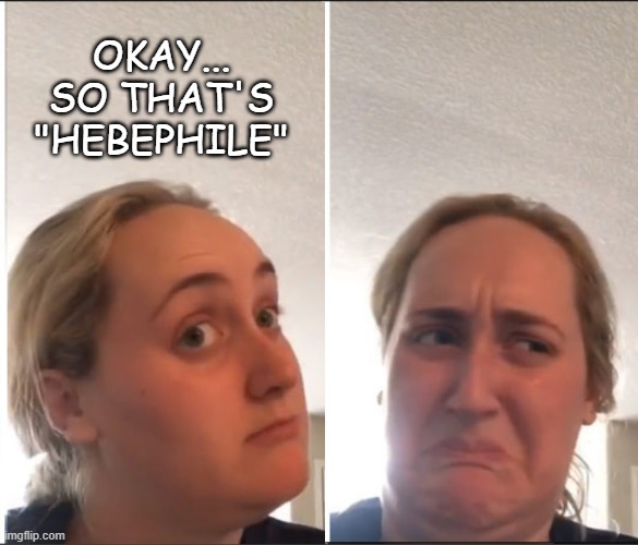 Unavoidable consequences of word-nerdery | OKAY... SO THAT'S "HEBEPHILE" | image tagged in kombucha girl reversed | made w/ Imgflip meme maker