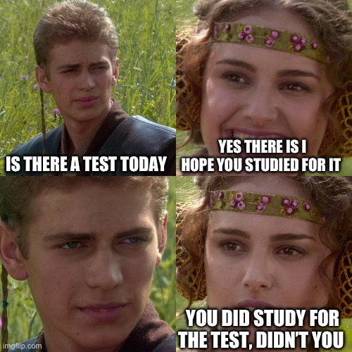 Anakin Padme 4 Panel | IS THERE A TEST TODAY; YES THERE IS I HOPE YOU STUDIED FOR IT; YOU DID STUDY FOR THE TEST, DIDN’T YOU | image tagged in anakin padme 4 panel | made w/ Imgflip meme maker