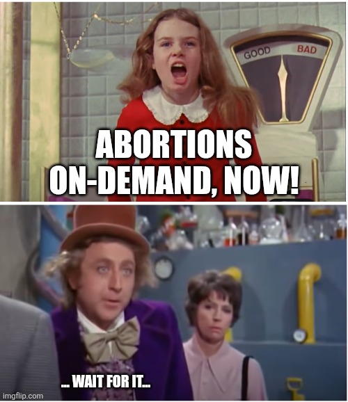 ABORTIONS ON-DEMAND, NOW! ... WAIT FOR IT... | image tagged in wonka veruca salt stop dont | made w/ Imgflip meme maker
