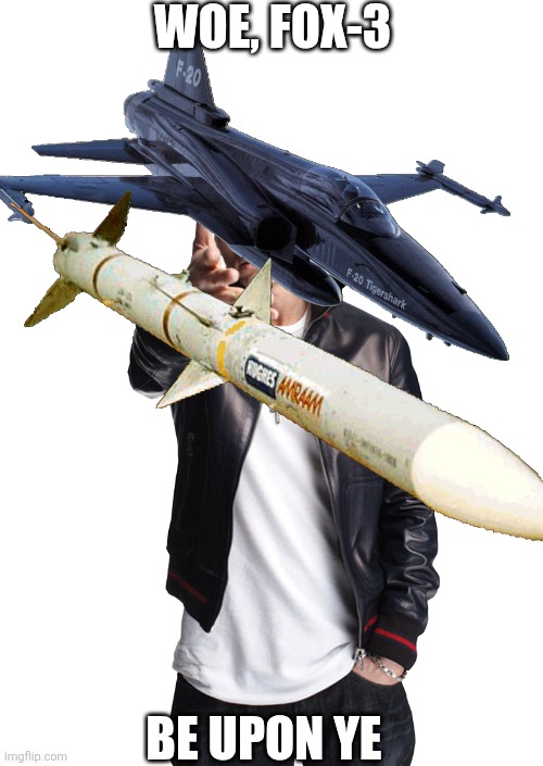 Larry has a gift | WOE, FOX-3; BE UPON YE | image tagged in woe ____ be upon ye,fighter jet | made w/ Imgflip meme maker