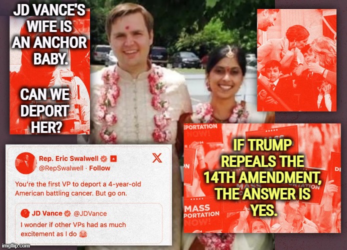 JD VANCE'S 
WIFE IS 
AN ANCHOR 
BABY. CAN WE 
DEPORT 
HER? IF TRUMP 
REPEALS THE 
14TH AMENDMENT, 
THE ANSWER IS 
YES. | image tagged in jd,immigrant,india,deportation | made w/ Imgflip meme maker