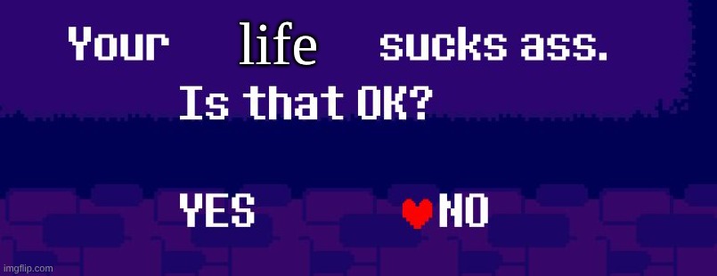 Your life sucks ass. Is that OK? | life | image tagged in your x sucks ass,deltarune,chapter 1 | made w/ Imgflip meme maker