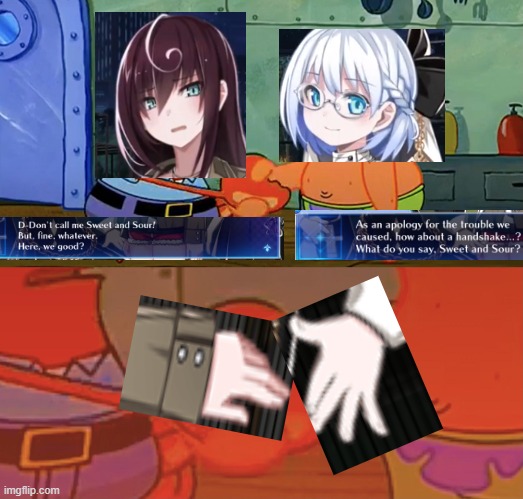 Made a terrible Death end re;Quest Code Z meme | image tagged in patrick and mr krabs handshake | made w/ Imgflip meme maker
