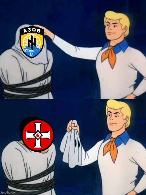 Azov Regiment is the Ku Klux Klan of Eastern Europe | image tagged in scooby doo mask reveal,kkk,ukraine,ku klux klan,nazis | made w/ Imgflip meme maker