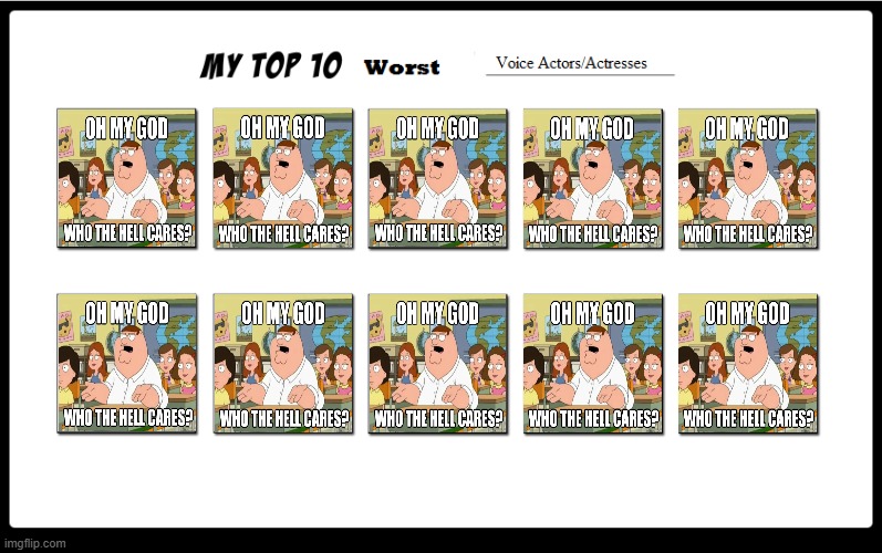 ToP 10 wOrSt VoIcE aCTORS!1!1 | image tagged in top 10 worst voice actors,deviantart,peter griffin,family guy,cringe | made w/ Imgflip meme maker