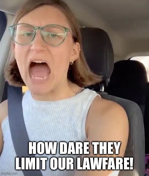 Unhinged Liberal Lunatic Idiot Woman Meltdown Screaming in Car | HOW DARE THEY LIMIT OUR LAWFARE! | image tagged in unhinged liberal lunatic idiot woman meltdown screaming in car | made w/ Imgflip meme maker