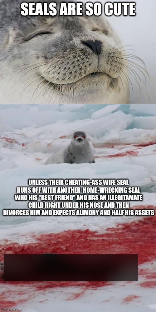 satisfied indeed | SEALS ARE SO CUTE; UNLESS THEIR CHEATING-ASS WIFE SEAL RUNS OFF WITH ANOTHER  HOME-WRECKING SEAL WHO HIS "BEST FRIEND" AND HAS AN ILLEGITAMATE CHILD RIGHT UNDER HIS NOSE AND THEN DIVORCES HIM AND EXPECTS ALIMONY AND HALF HIS ASSETS | image tagged in memes,satisfied seal,seal,seals,navy seals | made w/ Imgflip meme maker